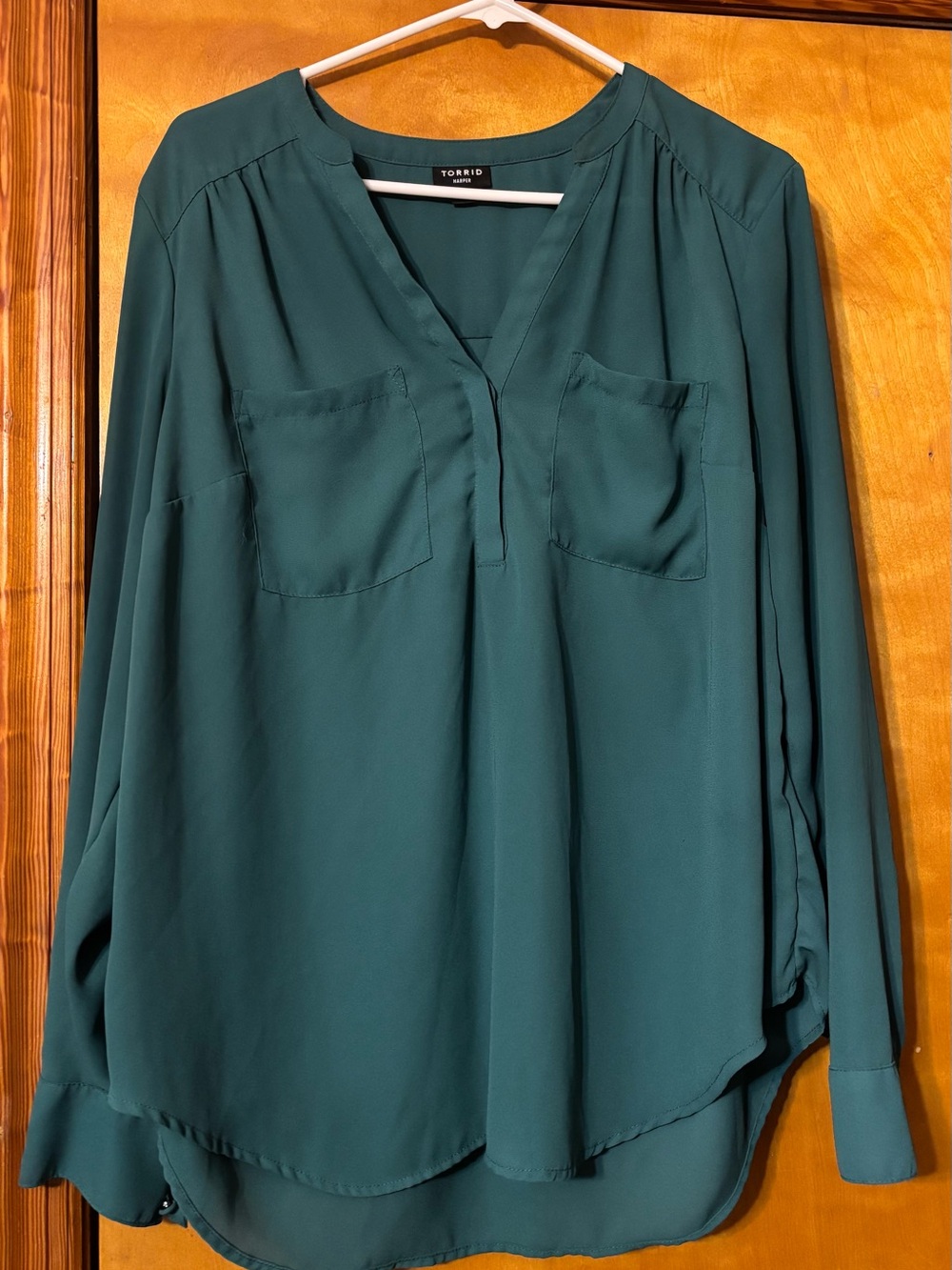 torrid Teal Green Split-Neck Long Sleeve Blouse